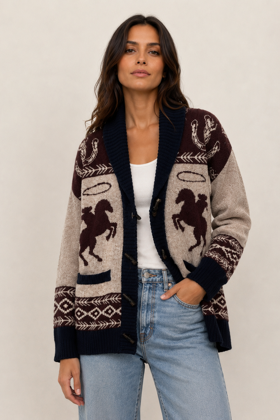 A woman modeling a knit cardigan with a western theme, featuring dark brown and beige colors with horse and cactus patterns