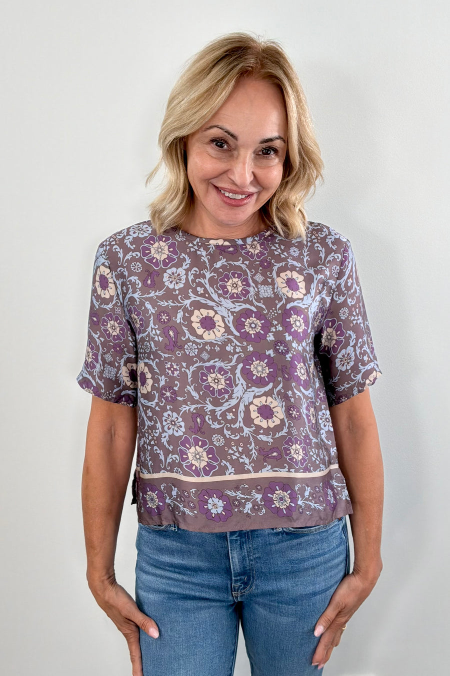 Woman wearing a patterned top