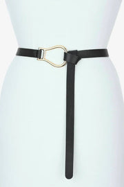 black thin leather womens belt, gold buckle
