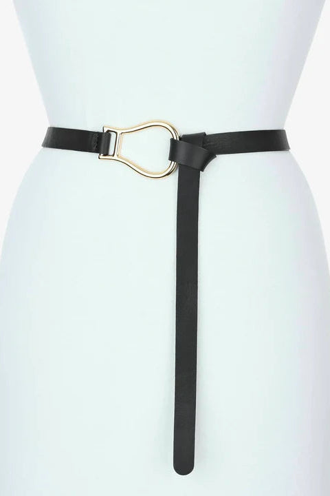 black thin leather womens belt, gold buckle