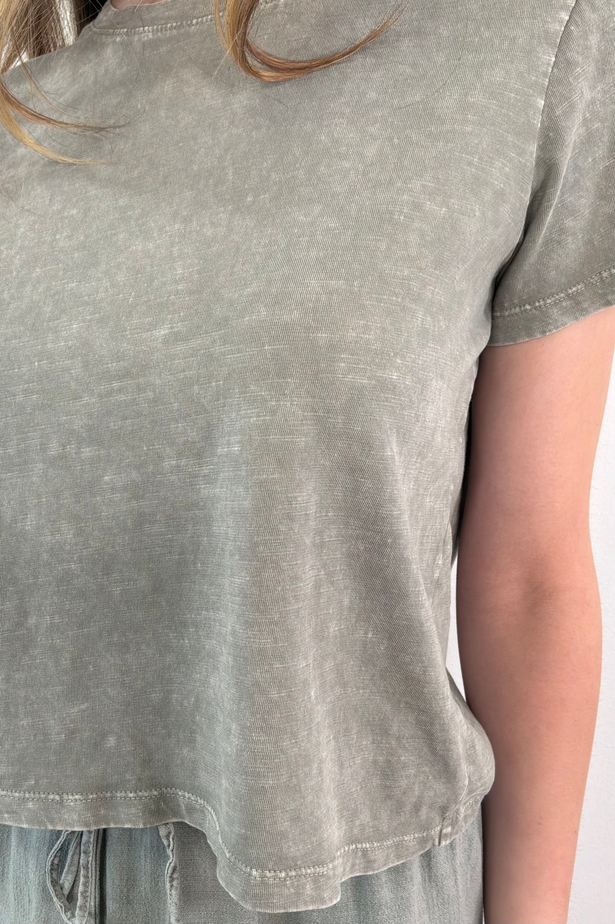 Close-up of a green short sleeved t-shirt