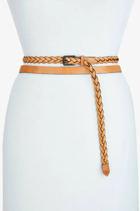 women's skinny leather belt , braided, square buckle