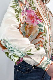 Close-up of  an ivory regency printed button down shirt