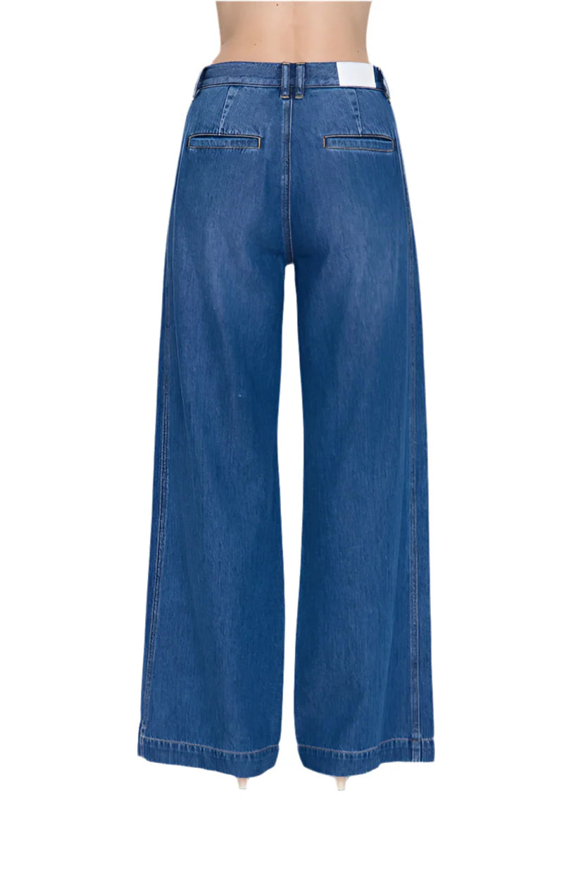 Blue denim wide-leg jeans on a white background