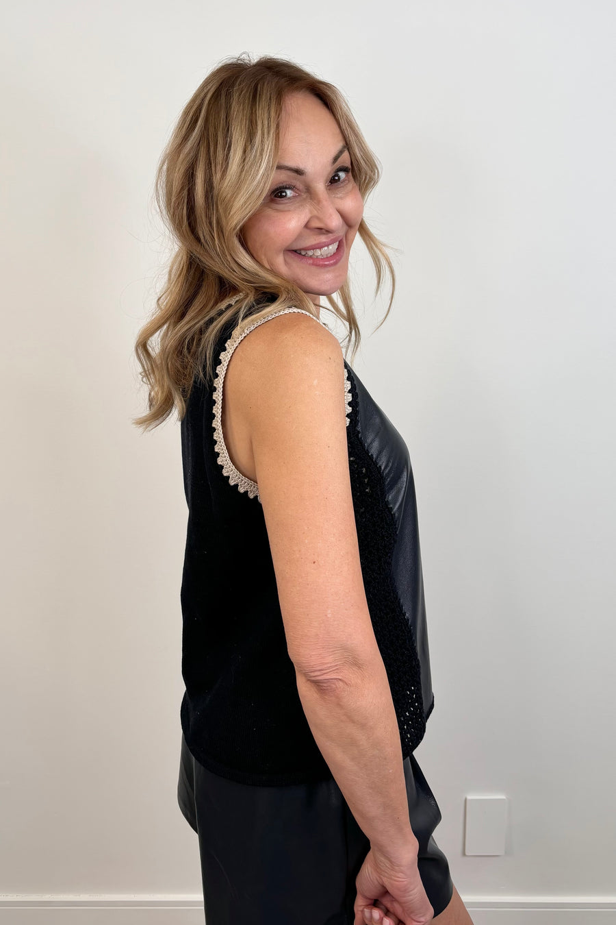 Melissa Nepton Naru Faux Leather Crochet Tank in Navy