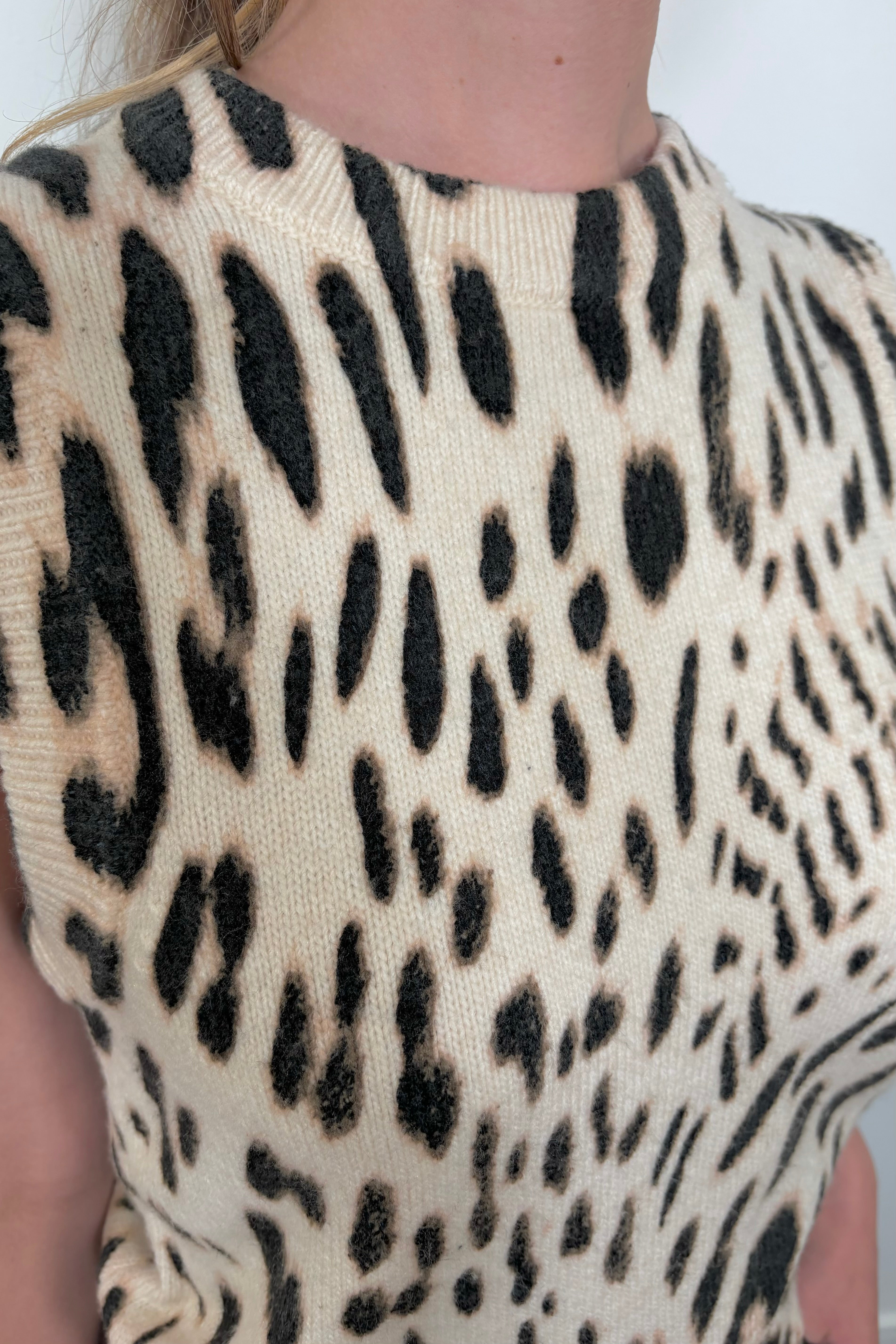 Close-up of a knitted leopard print shell 