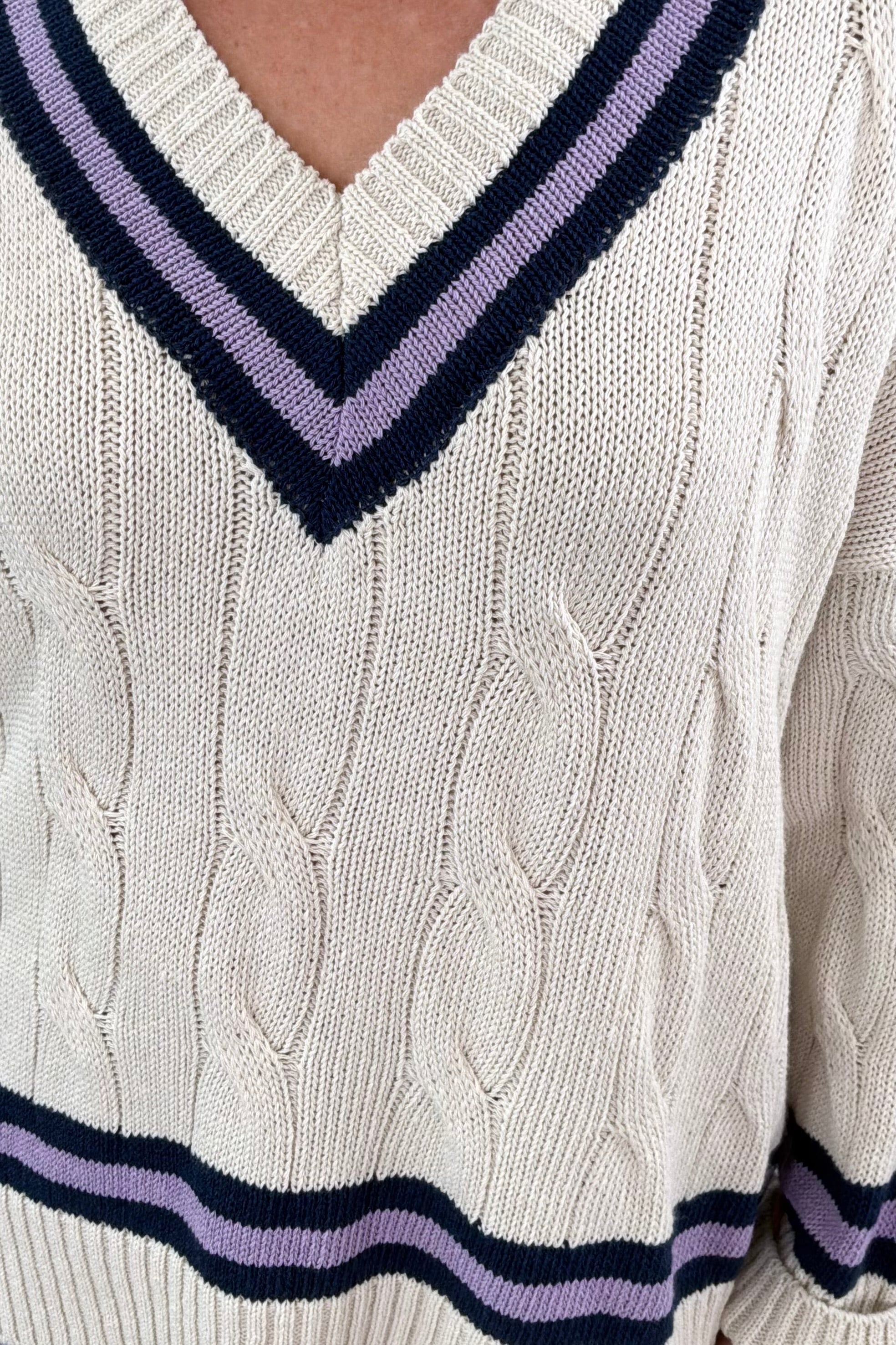 Astrid Vittoria Athletic Stripe Cable Knit Sweater