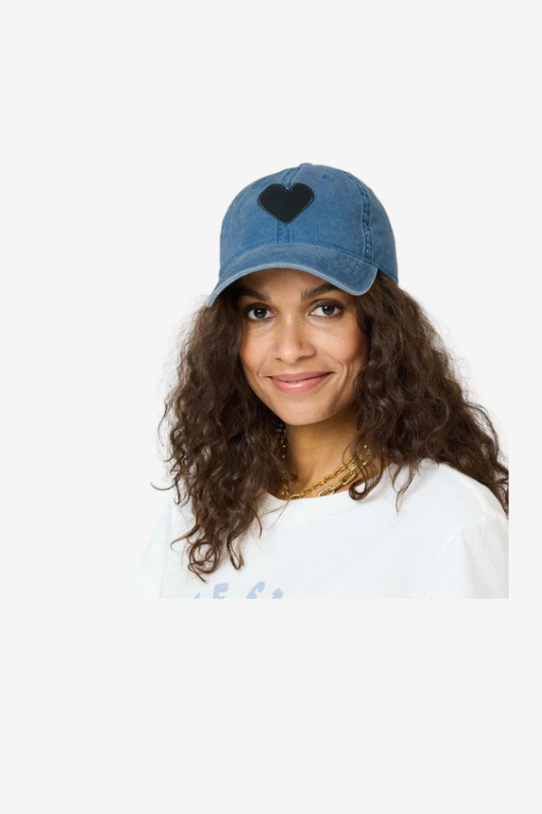 Denim baseball hat with black embroidered heart detail 