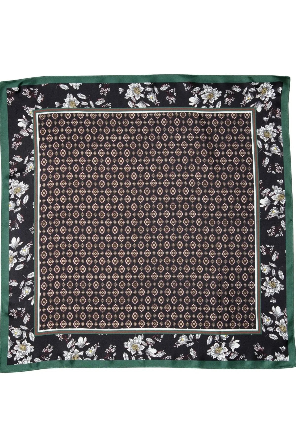 A square silk scarf featuring a central repeating geometric medallion pattern in beige and brown on a black background, surrounded by a border of white floral motifs and finished with a solid green edge.