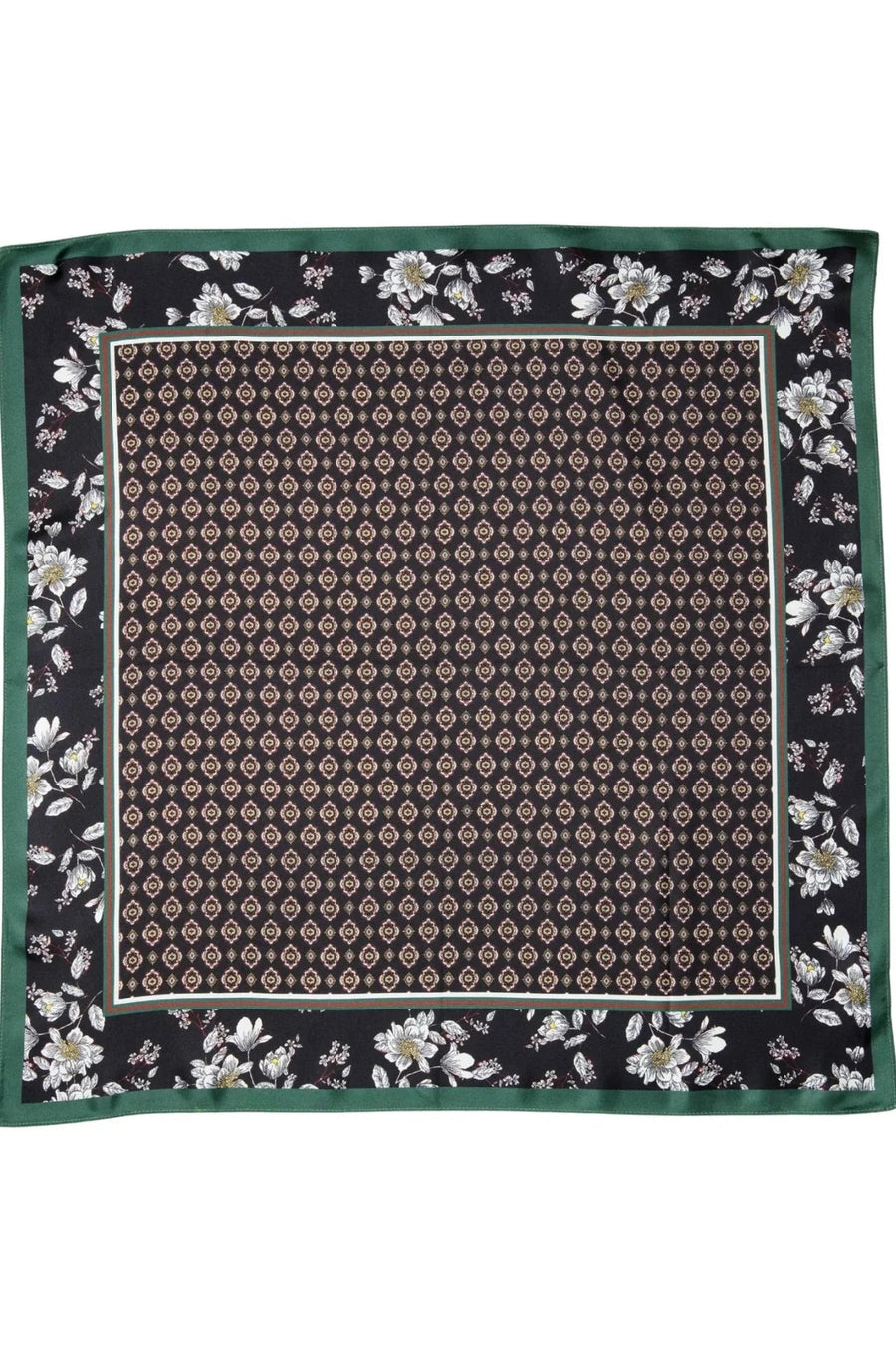 A square silk scarf featuring a central repeating geometric medallion pattern in beige and brown on a black background, surrounded by a border of white floral motifs and finished with a solid green edge.
