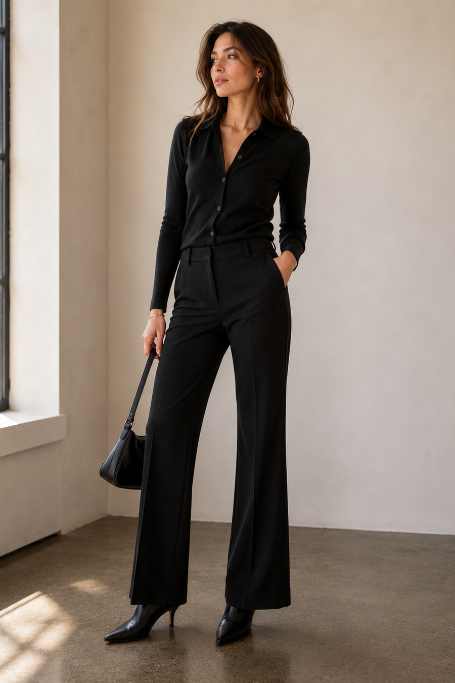 A woman stands in a bright room wearing a black long-sleeve button-front top