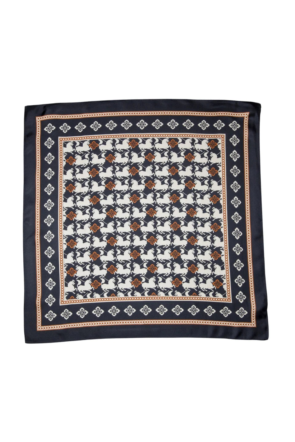 A square silk scarf with a detailed geometric and floral pattern, featuring a dark navy blue border and a central cream-colored field with brown and navy motifs.