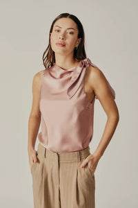 Deluc Satin Tie Neck Top in Pink