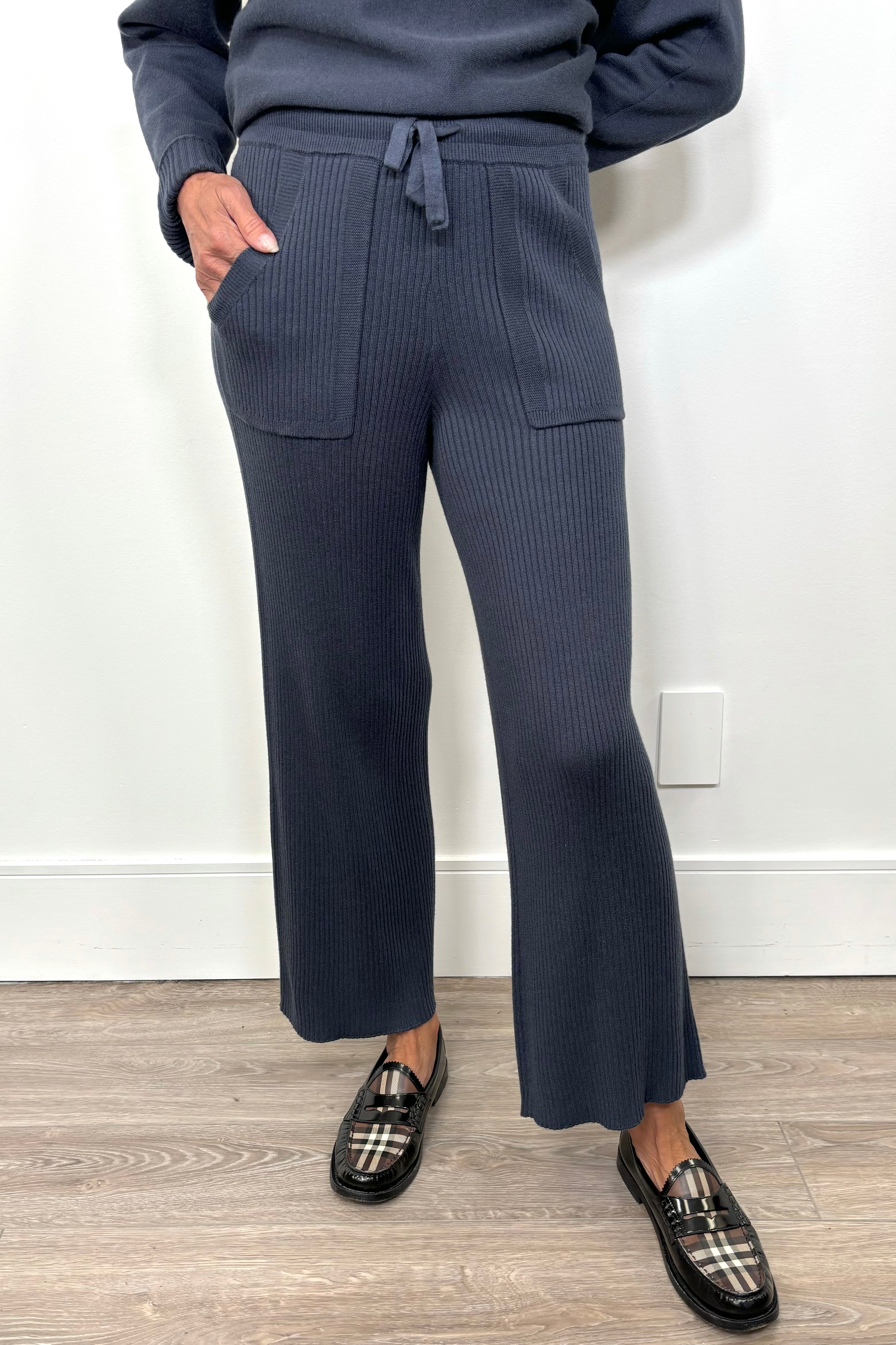 Front view of blue cashmere blend ribbed pants 