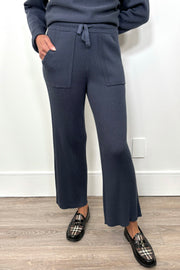 Front view of blue cashmere blend ribbed pants 
