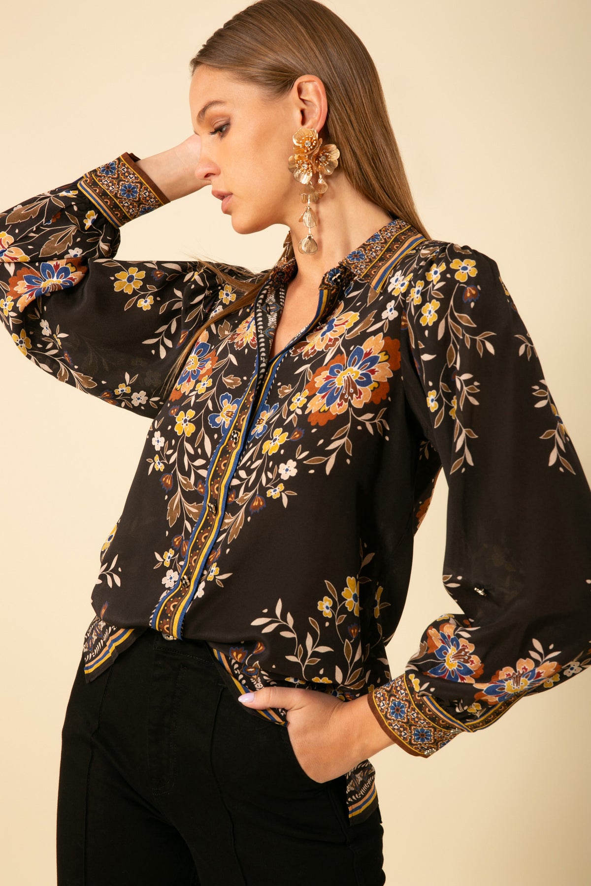 Hale Bob Selah Floral Button Up Shirt in Black