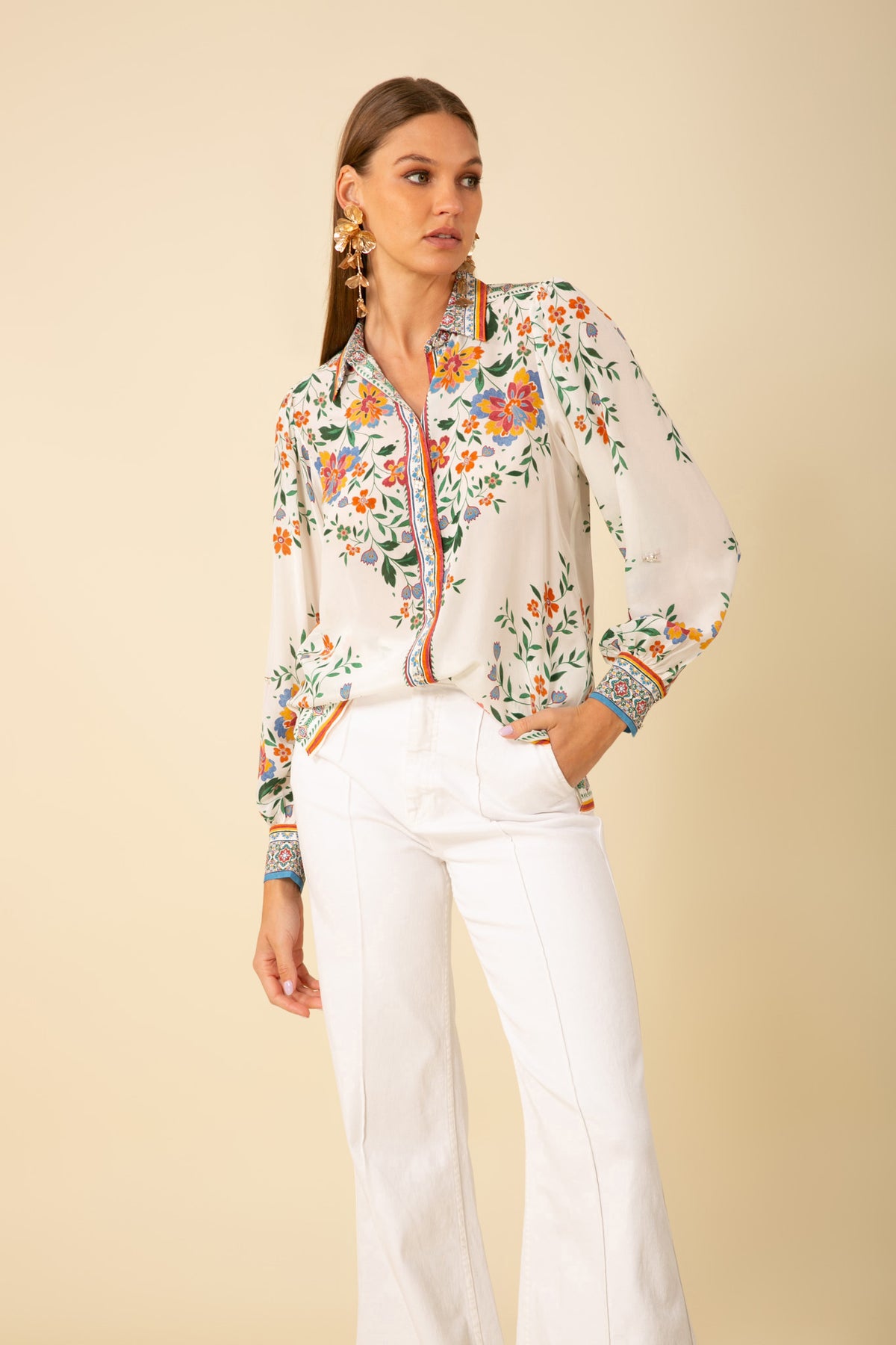 Hale Bob Selah Floral Button Up Shirt in Ivory