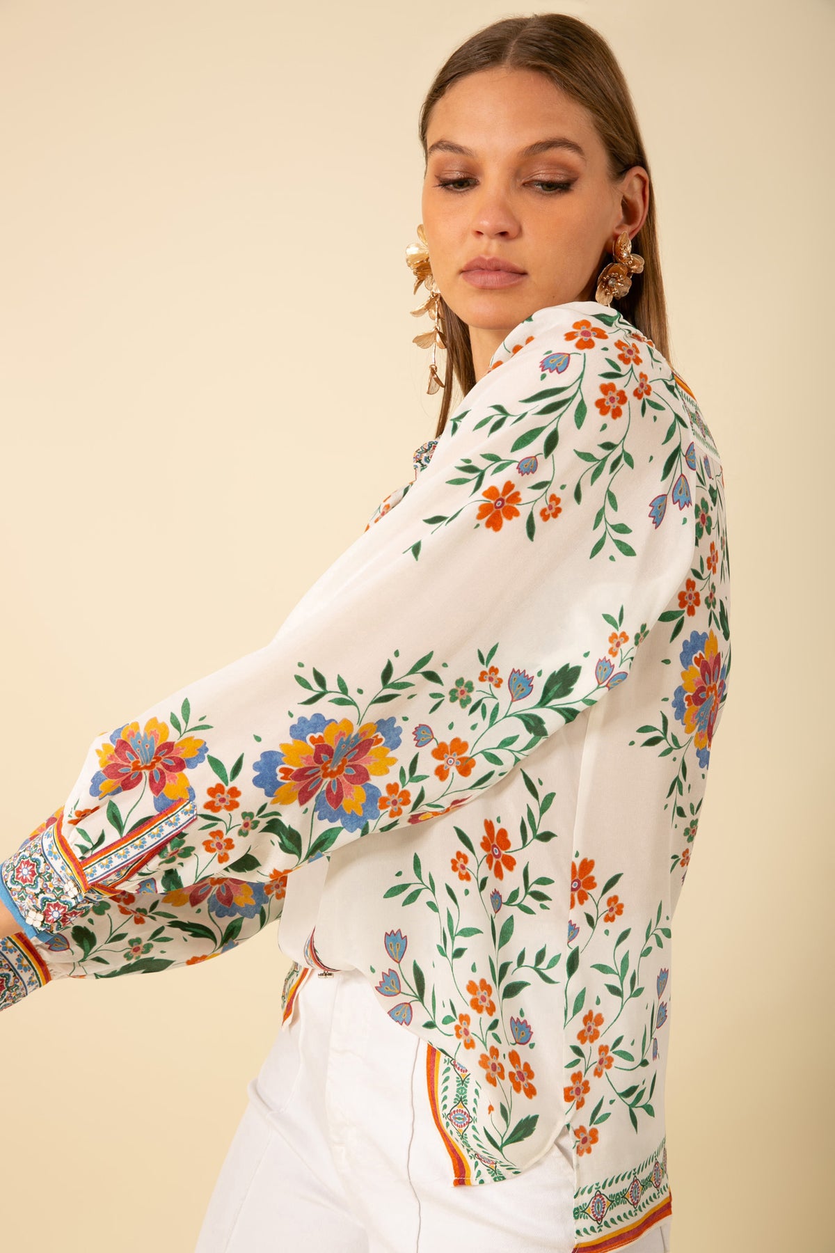 Hale Bob Selah Floral Button Up Shirt in Ivory