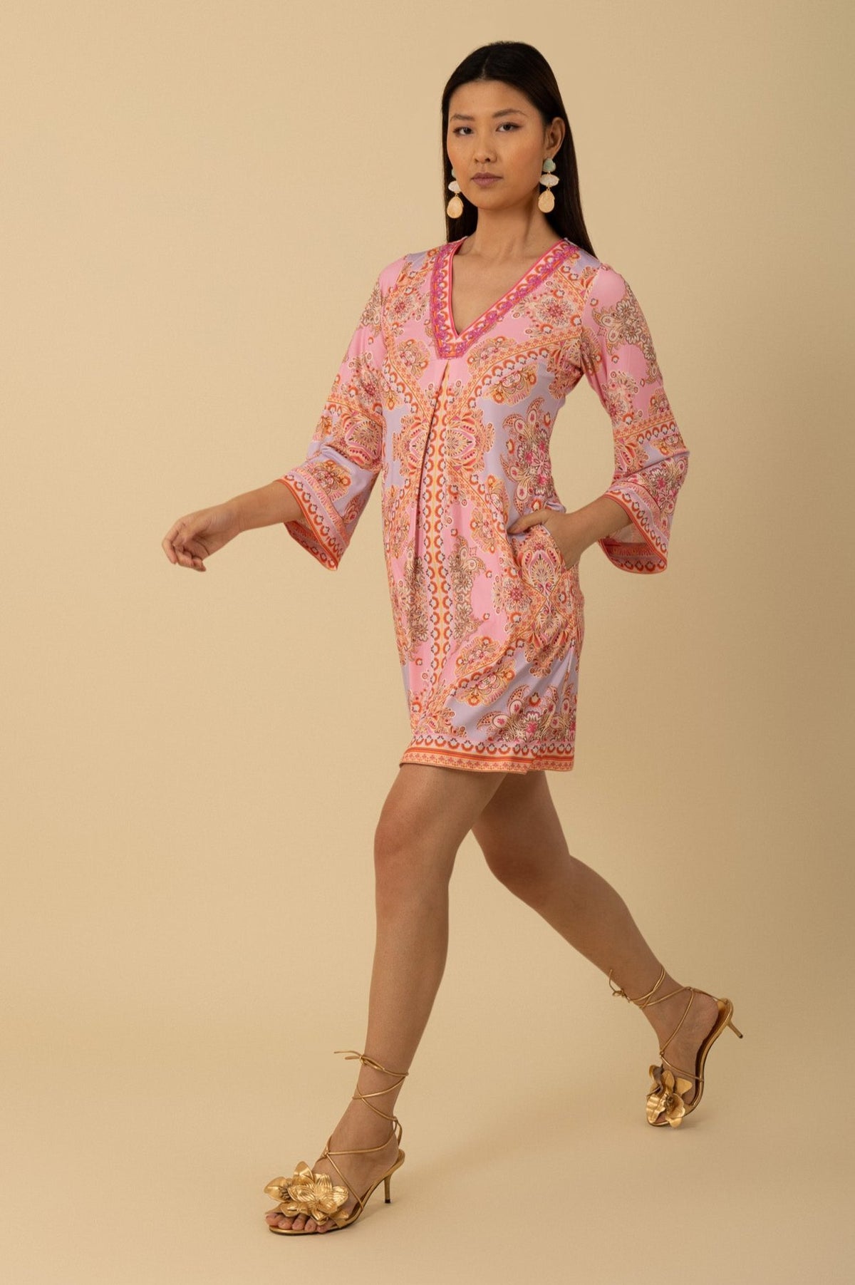 Hale Bob Zariah V-Neck Dress in Long Sleeve in Coral