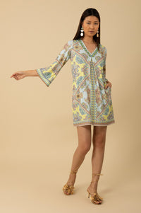 Hale Bob Zariah V-Neck Dress in Long Sleeve in Turquoise