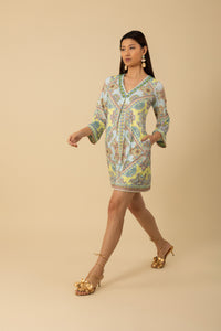 Hale Bob Zariah V-Neck Dress in Long Sleeve in Turquoise