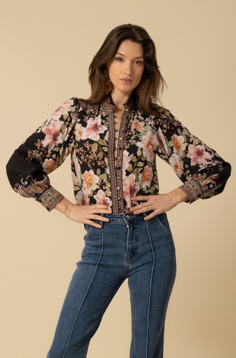 Hale Bob Hanna Silk Floral Blouse in Black