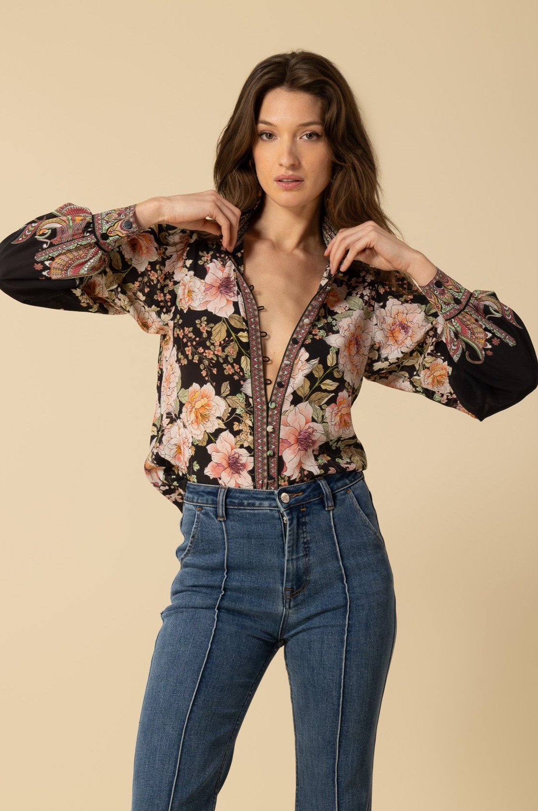 Hale Bob Hanna Silk Floral Blouse in Black