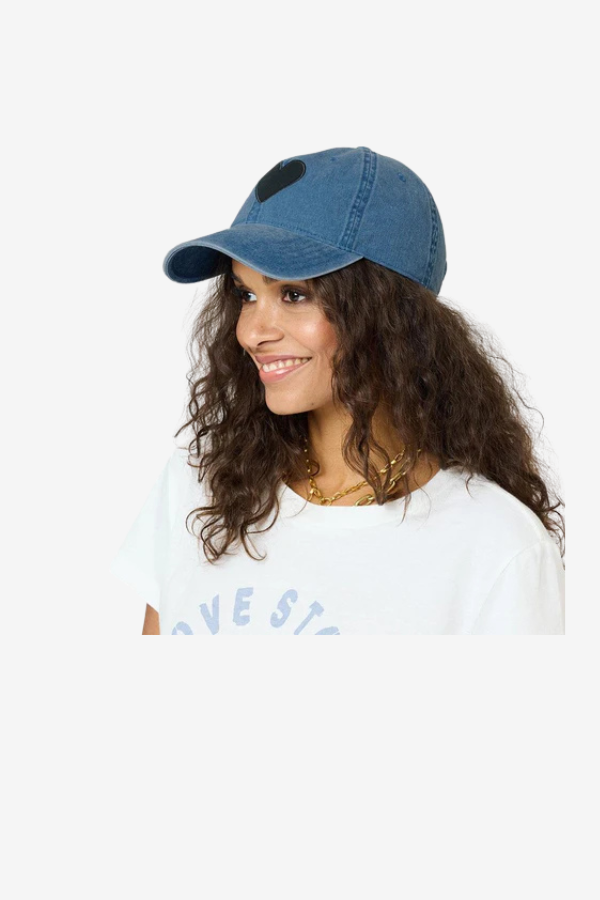 Denim baseball hat with black embroidered heart detail 
