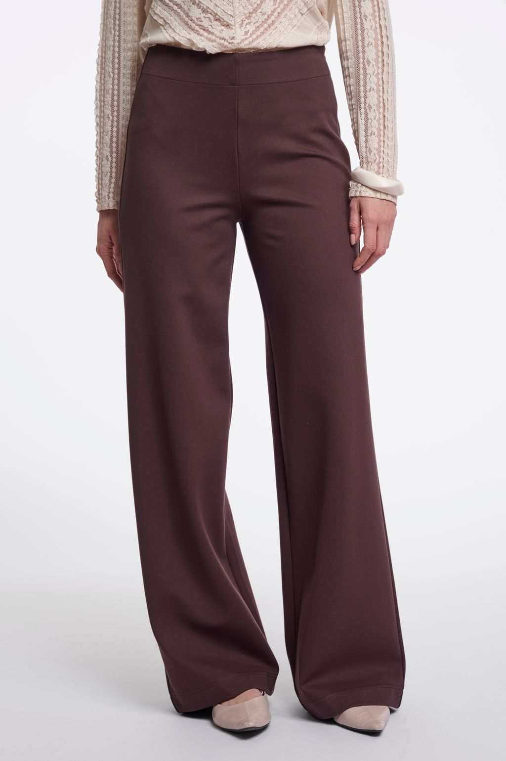 Brown wide-leg pants. 