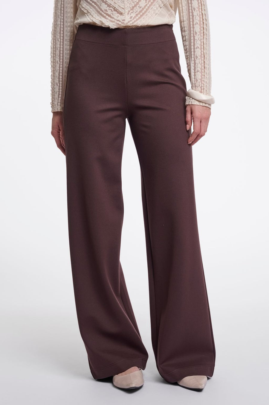 Brown wide-leg pants. 