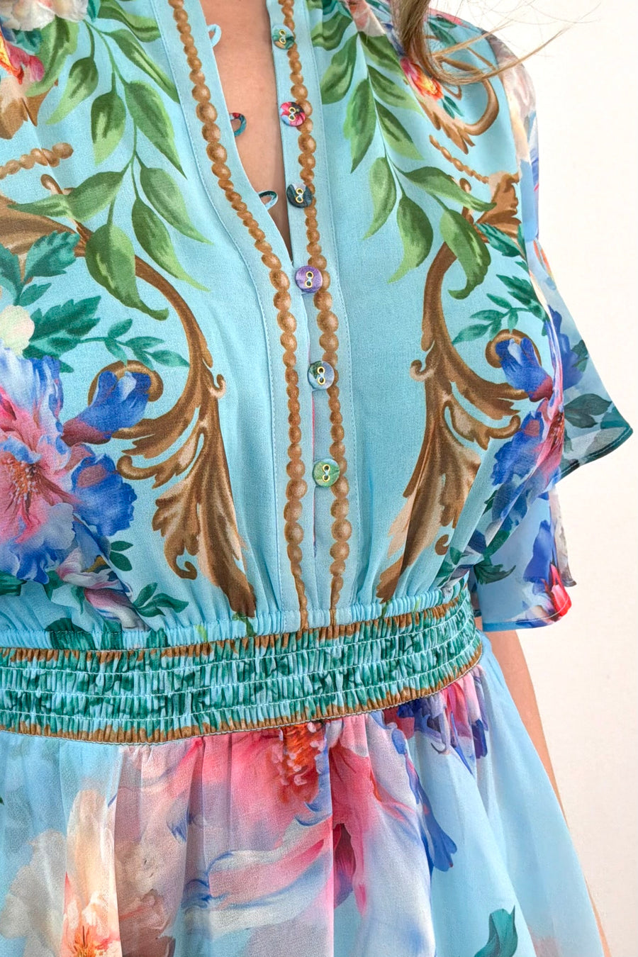 close-up of a teal floral ruffle maxi dress 