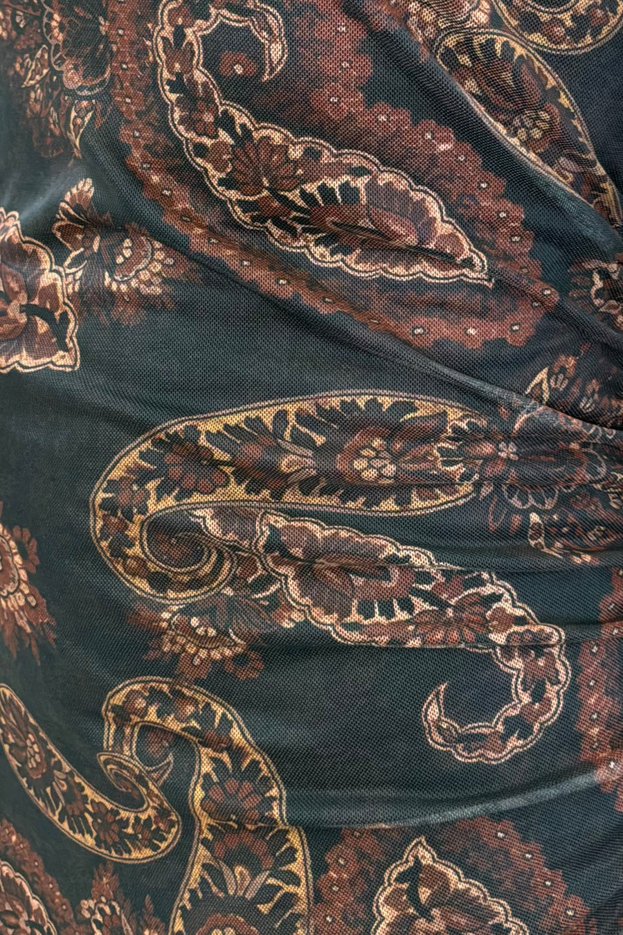 Close-up of a dark fabric with intricate paisley pattern