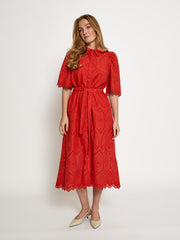 Short-sleeve red dress with a relaxed fit, featuring a soft drape and an easy, flattering silhouette, front