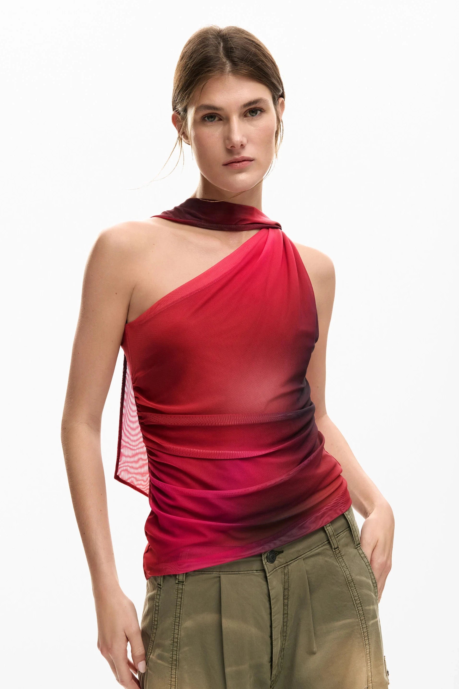 Close up of Woman wearing a dark red over one shoulder top