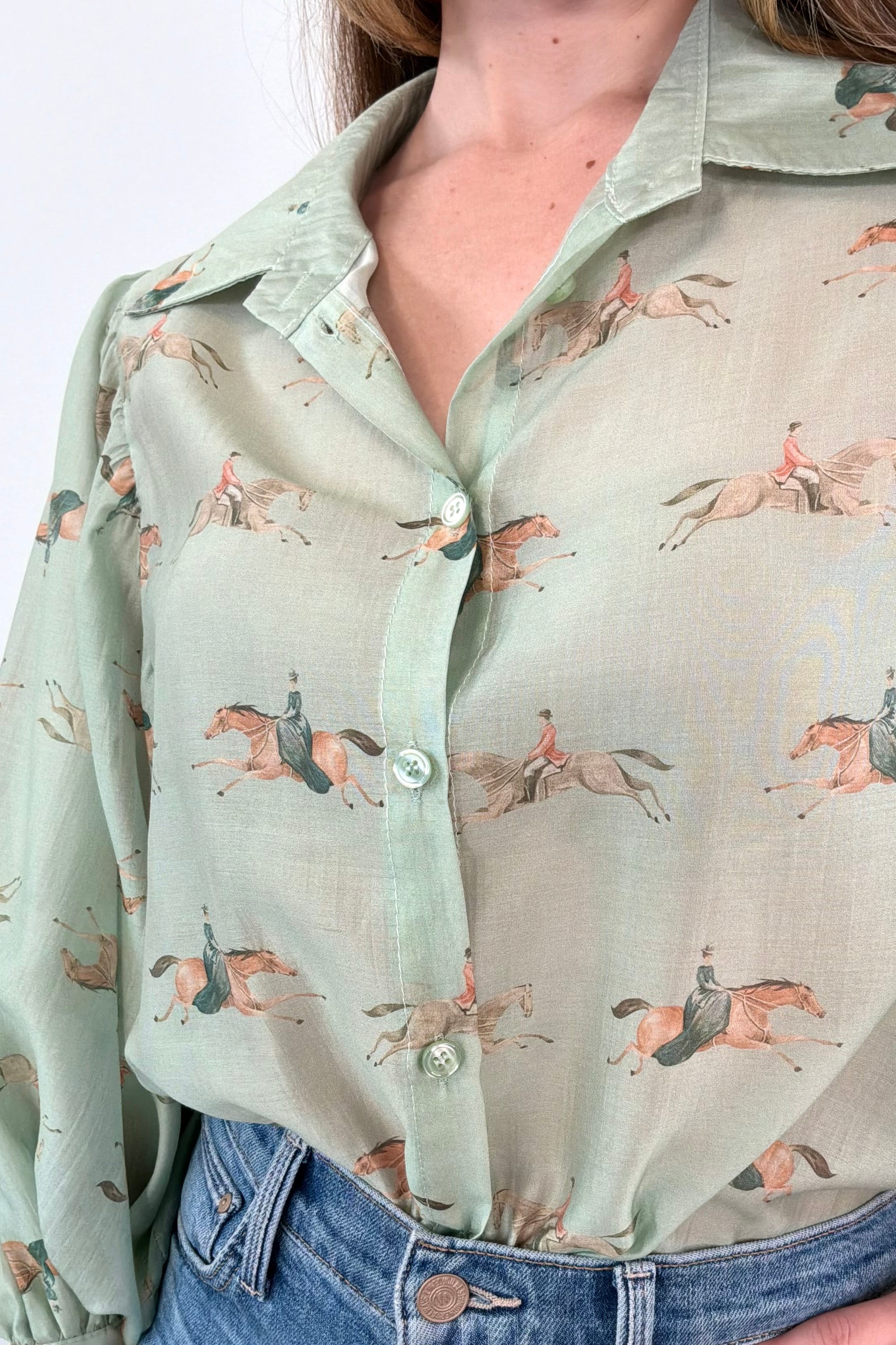 Close-up of women wearing green long sleeve blouse with pony graphic allover