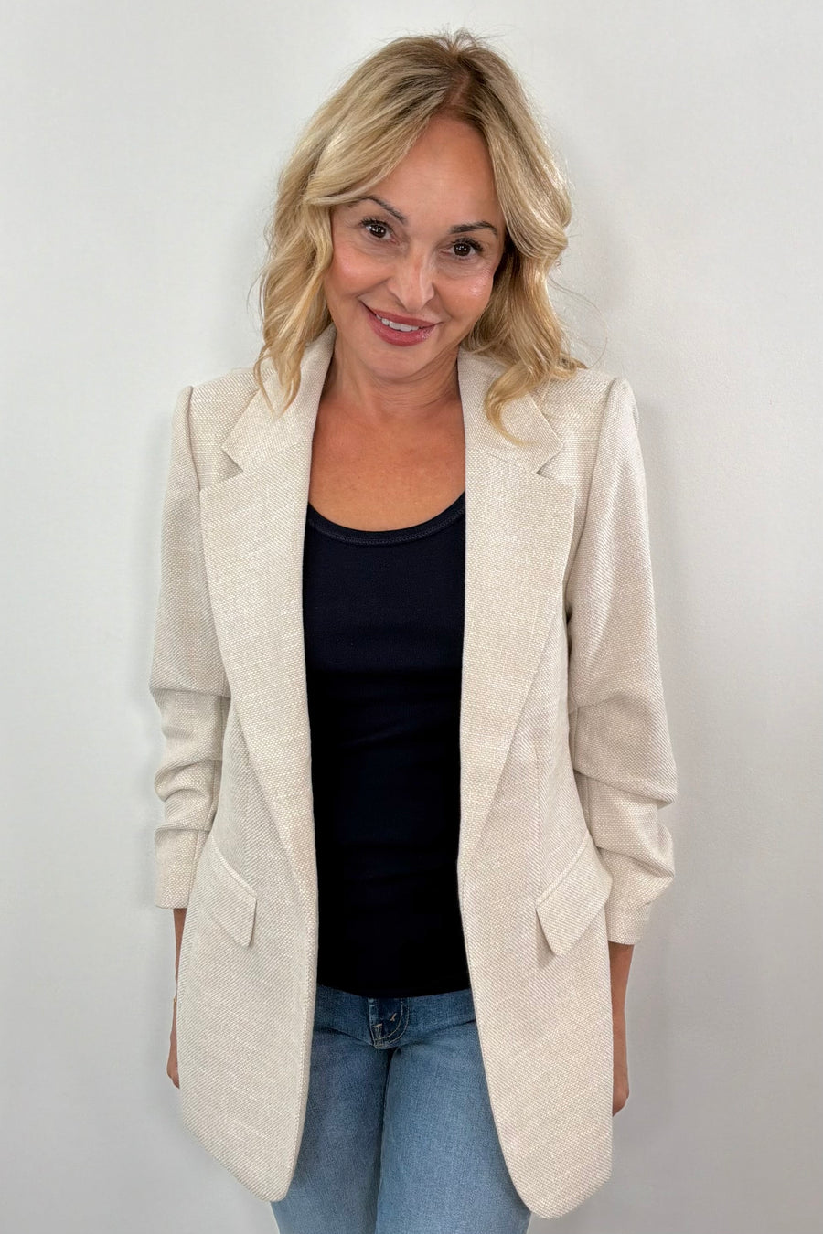 Sand open blazer with rouched sleeves
