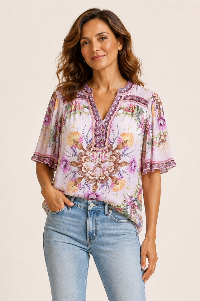 Woman wearing a pink floral blouse with a detailed shell pattern and 3/4 sleeves 