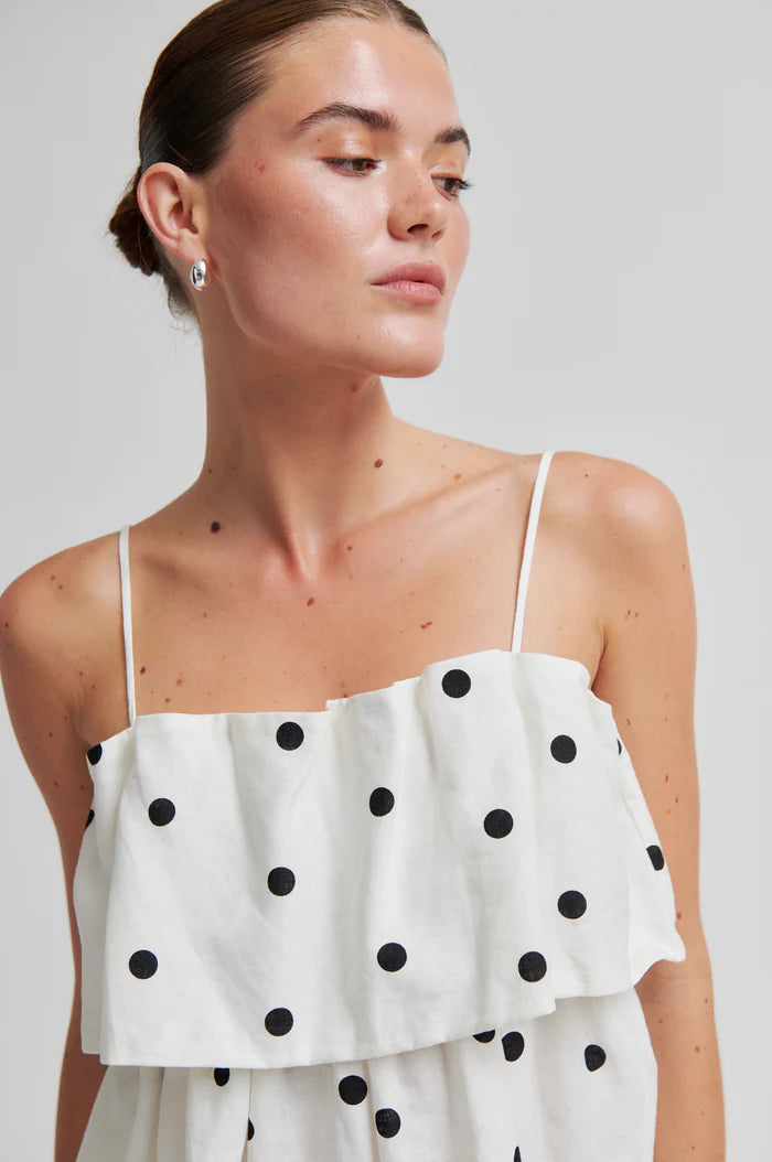 Woman wearing a lightweight linen-viscose white top with black polka dots 