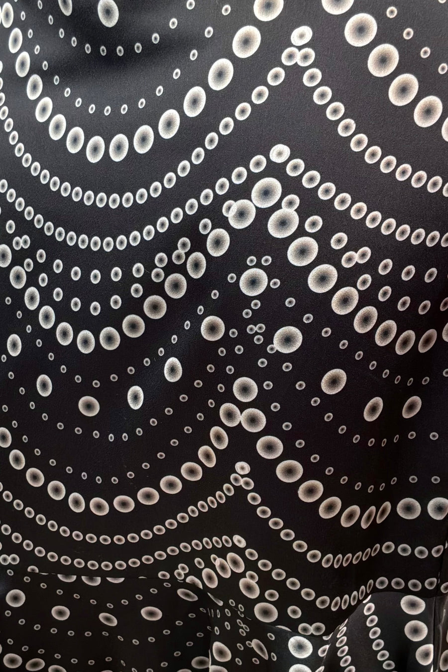 Close-up of a black fabric with white circular pattern