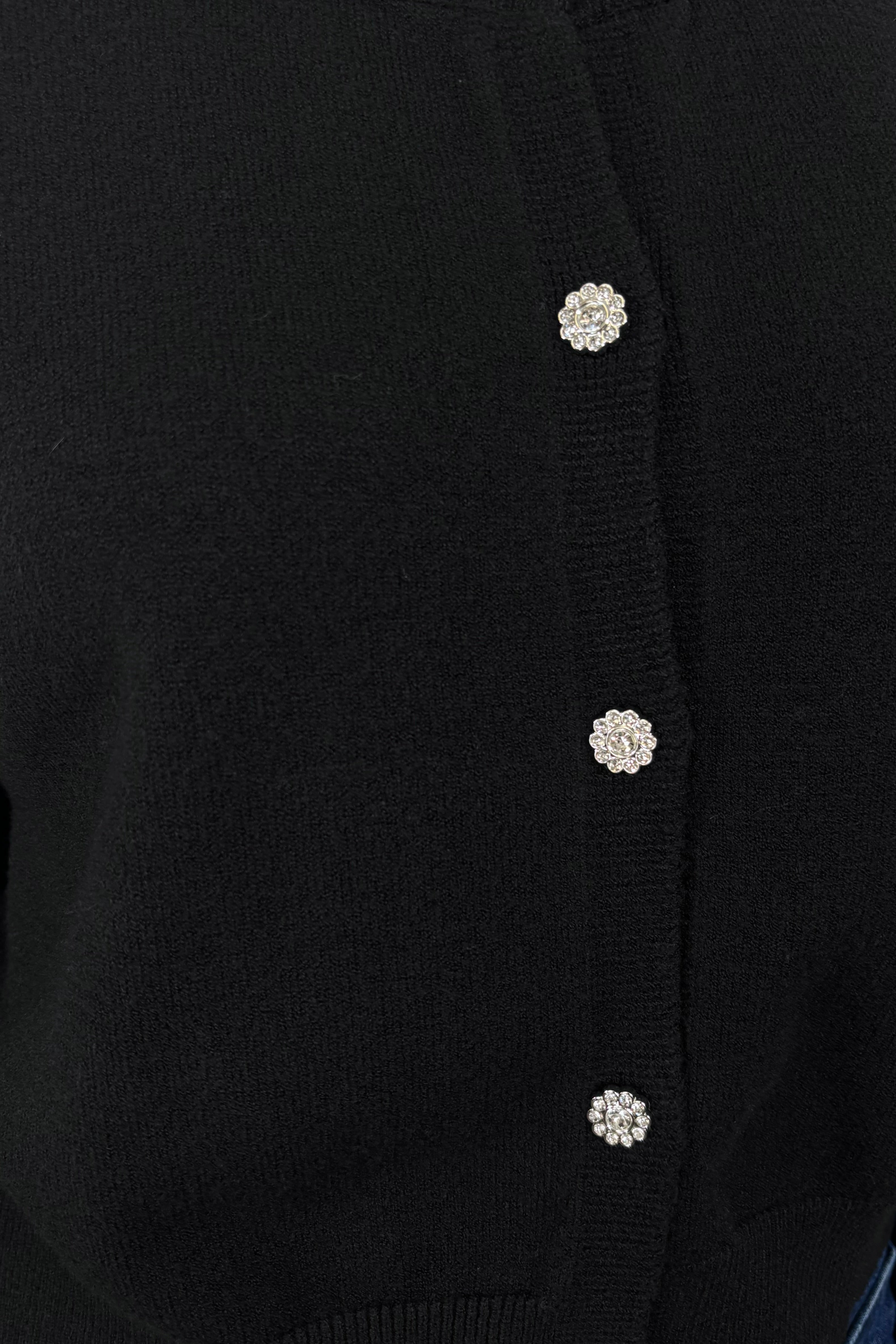 Close-up of the crystal buttons of a black cardigan