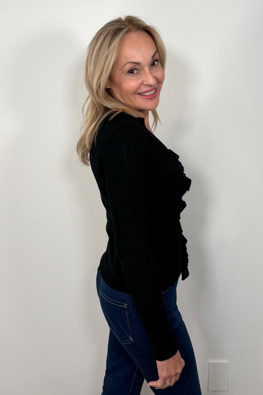Heartloom Yvette Lightweight Ribbed Knit Top With Ruffles in Black