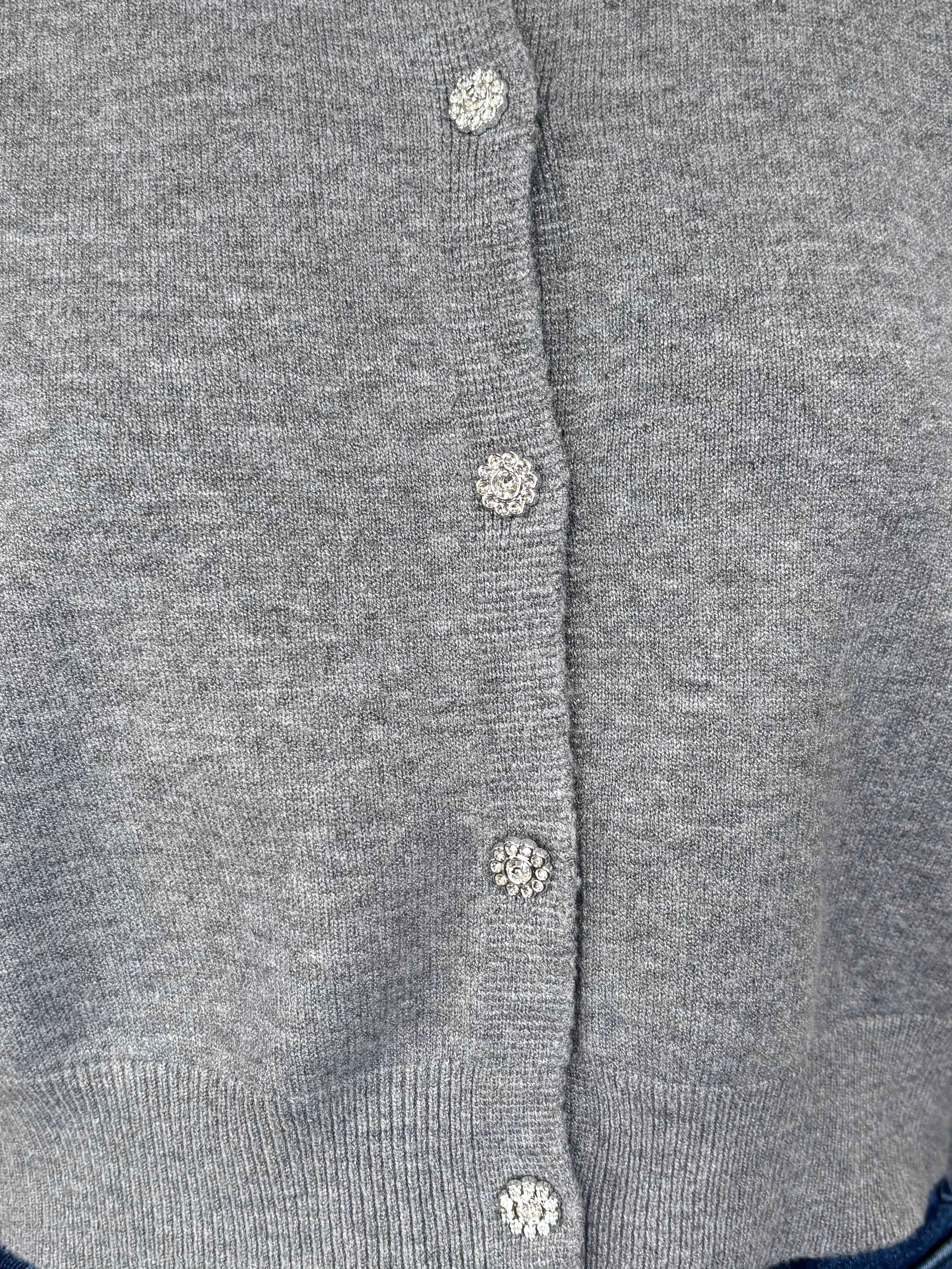 Close-up of a gray cardigan with crystal buttons