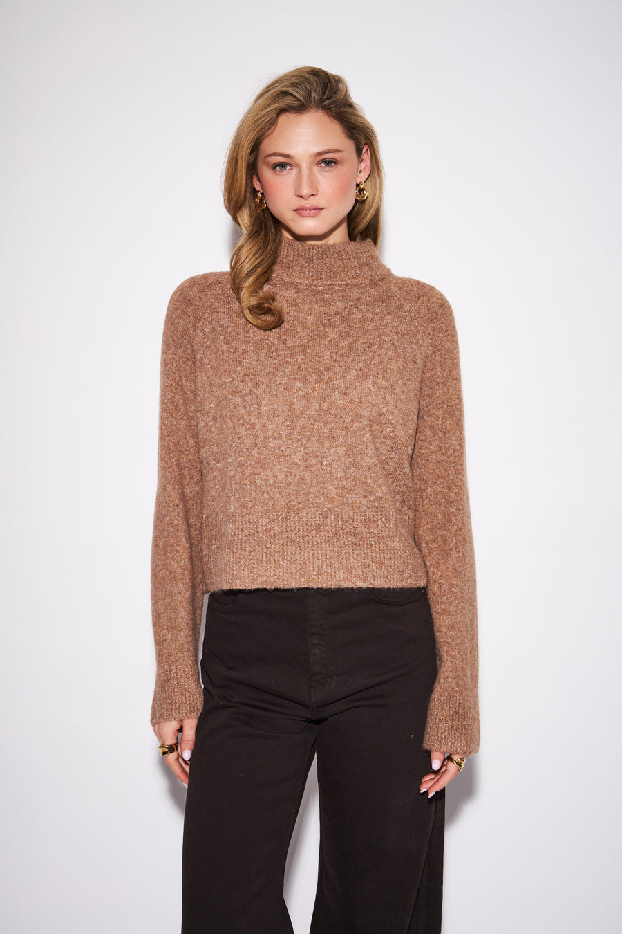 light  brown  high neck sweater 