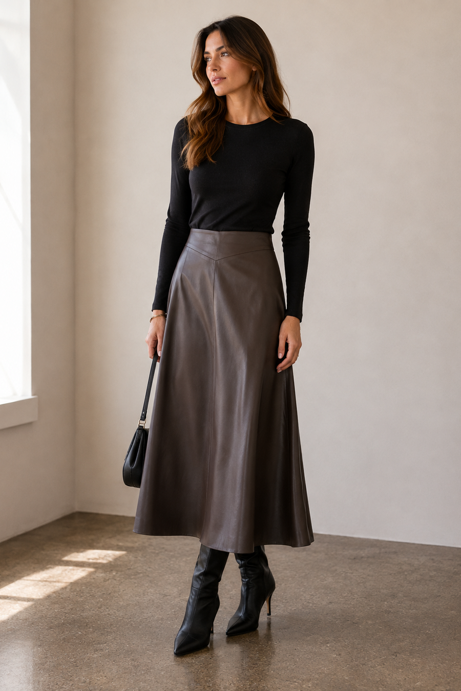 woman wearing a brown faux leather midi skirt 