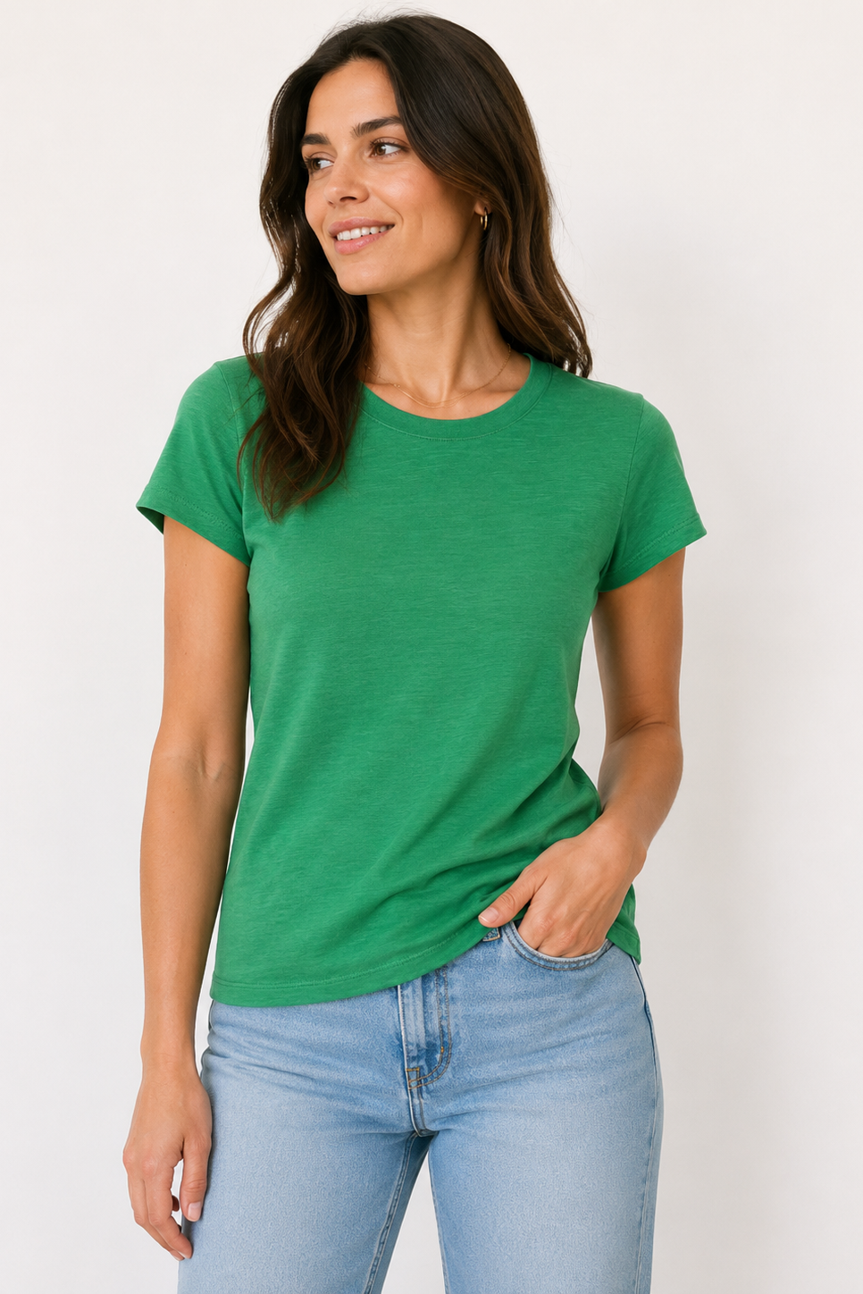 women wearing a bright green t shirt 