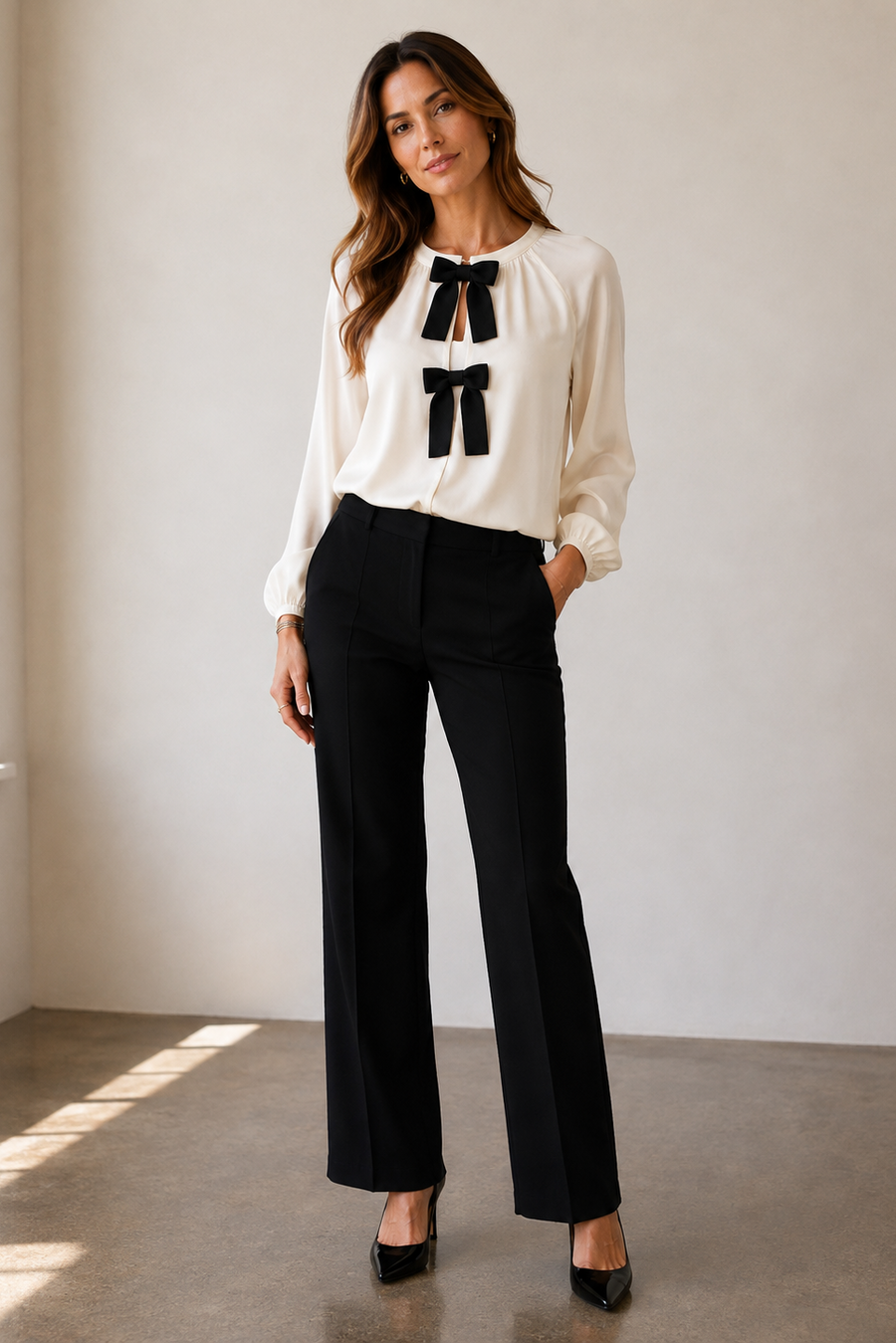 A woman modeling a white long-sleeve blouse with two black bow details at the neckline,
