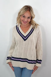 Astrid Vittoria Athletic Stripe Cable Knit Sweater