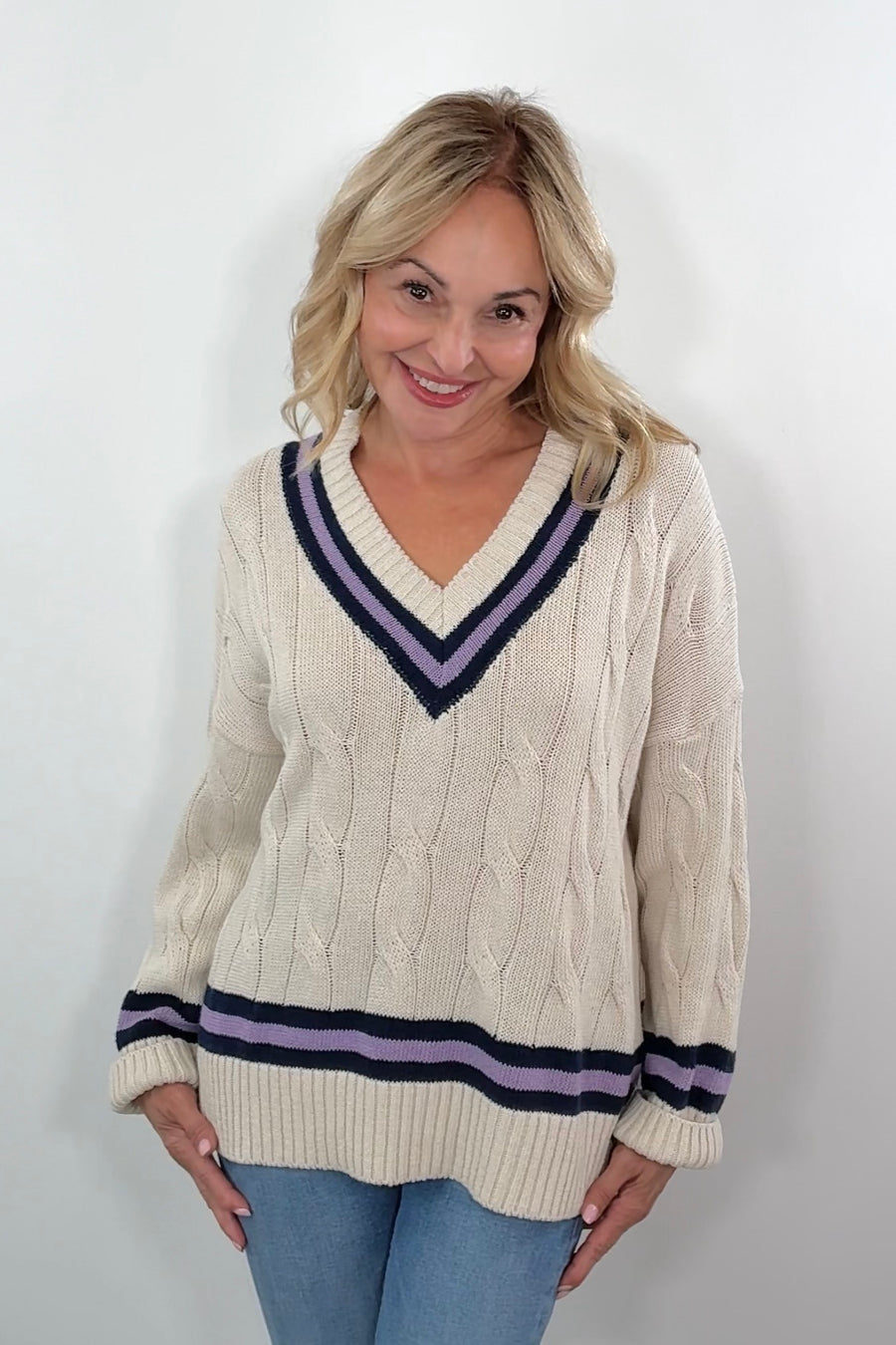 Astrid Vittoria Athletic Stripe Cable Knit Sweater