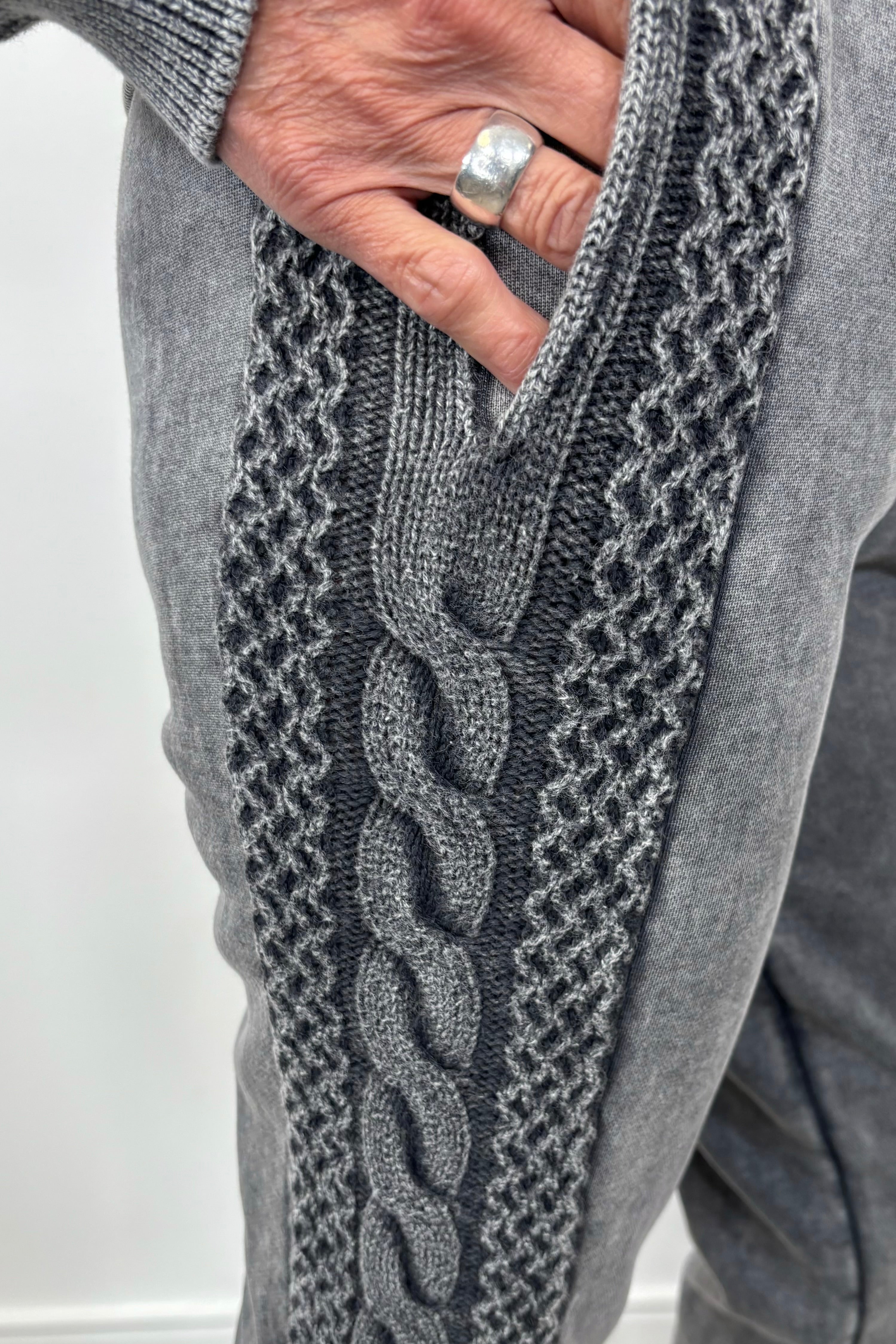 close-up of gray cuffed sweatpants 