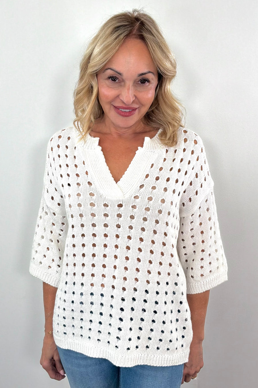 Astrid Valentina Open Knit Top in White